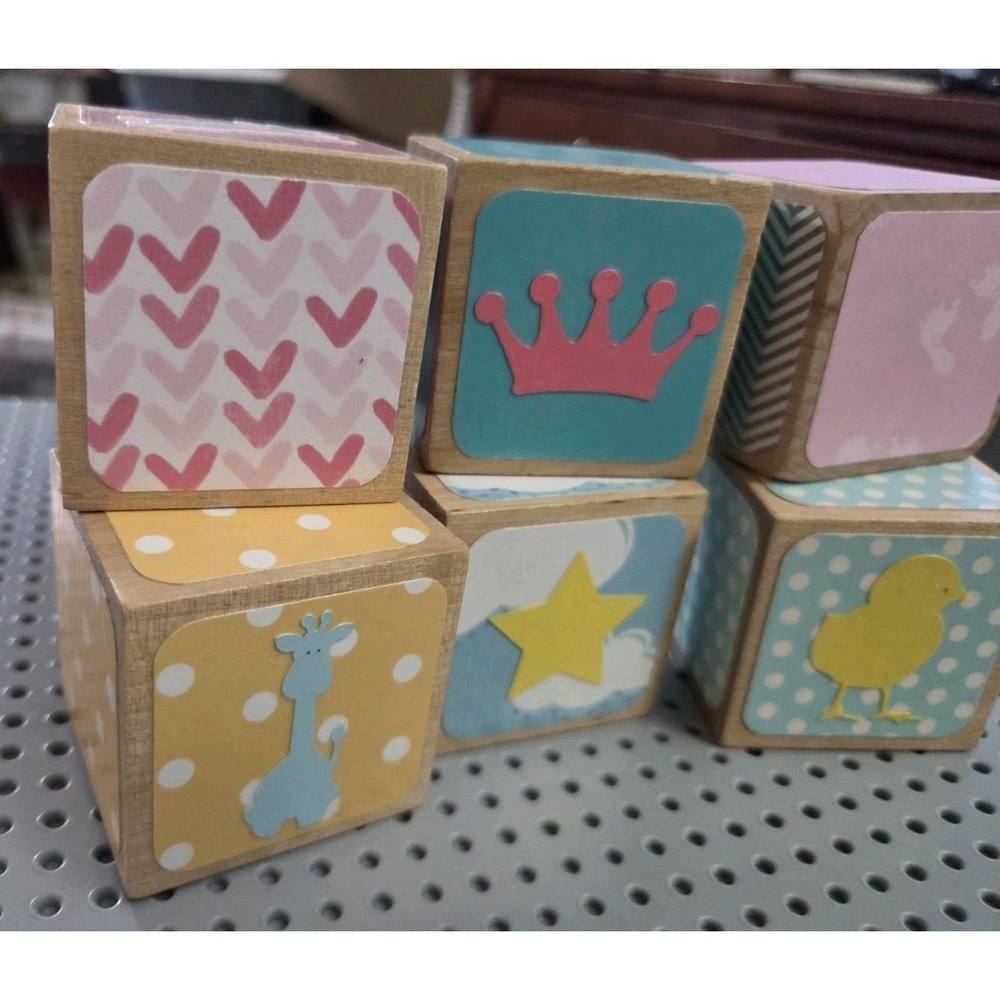 Baby Girl Nursery Wooden Blocks Solid Wood Decor Handmade 6 Pc Lot - Picture 3 of 5